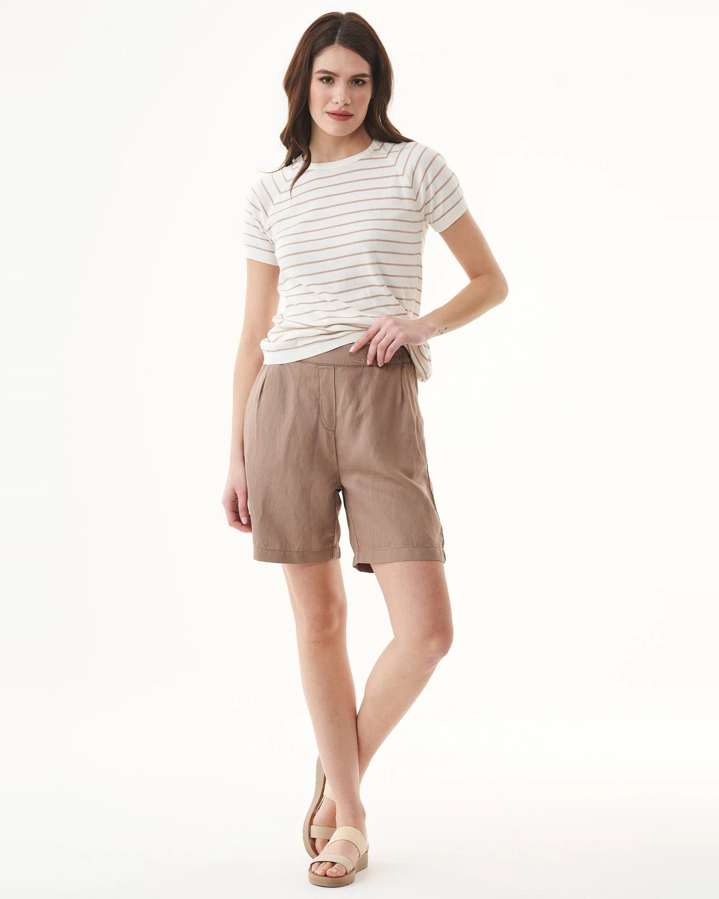 ORGANICATION Damen vegan T-Shirt Mit Streifen Feinstrick Beige & Off White – Ansicht 2