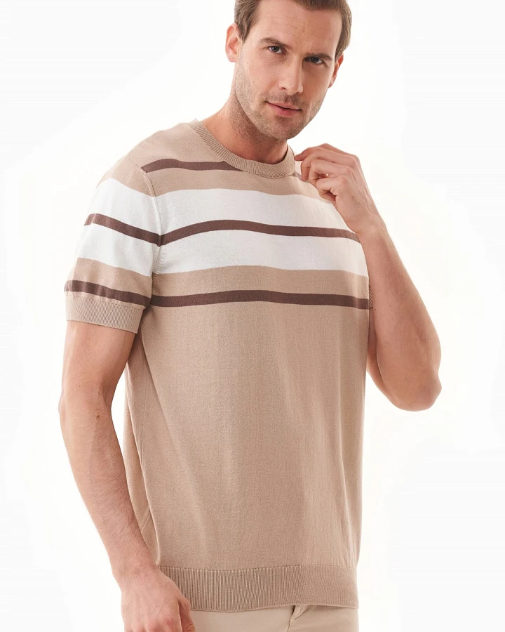 ORGANICATION Herren vegan T-Shirt Mit Streifen Feinstrick Tief Taupe, Beige & Off White