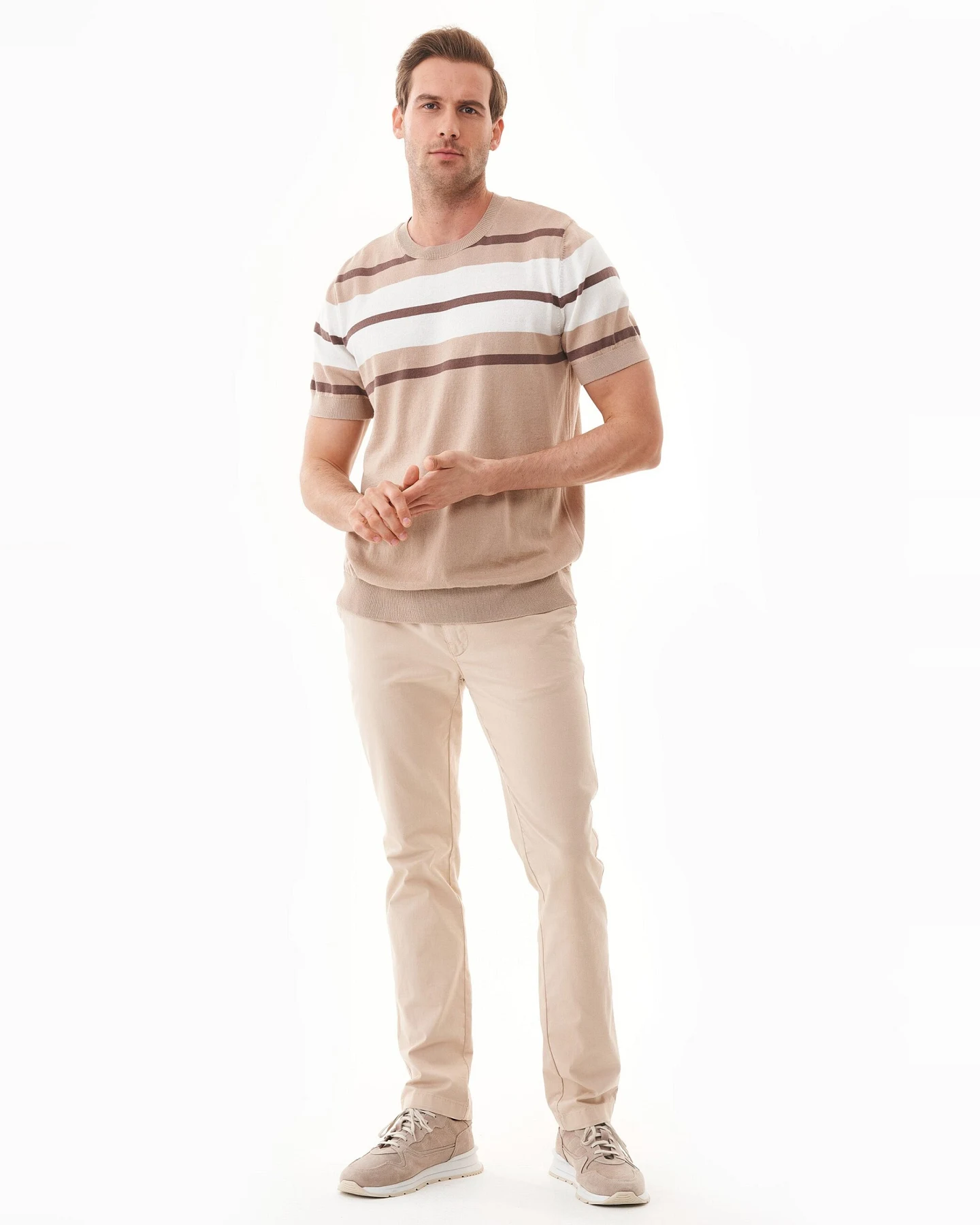 ORGANICATION Herren vegan T-Shirt Mit Streifen Feinstrick Tief Taupe, Beige & Off White – Ansicht 2
