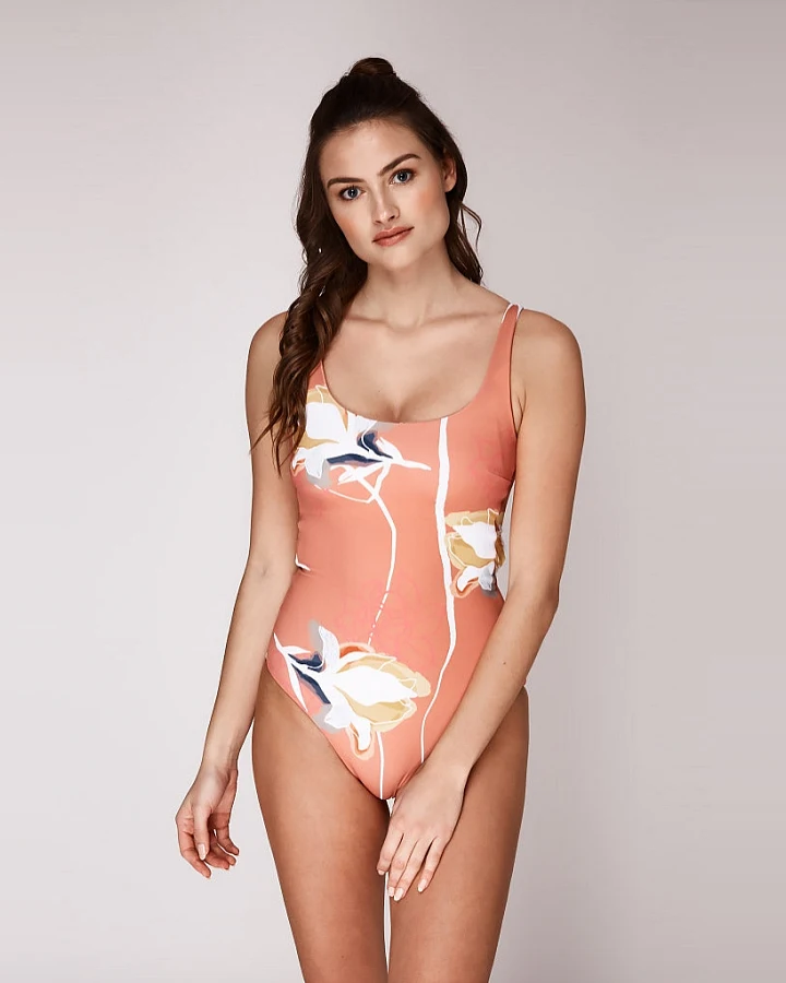 Woodlike Damen vegan Einteiliger Badeanzug Alli Flower Print Orange