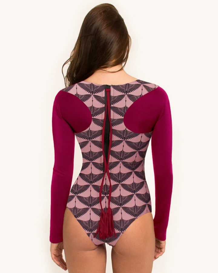 Woodlike Damen vegan Einteiliger Badeanzug Seagaze Print Dunkelrosa