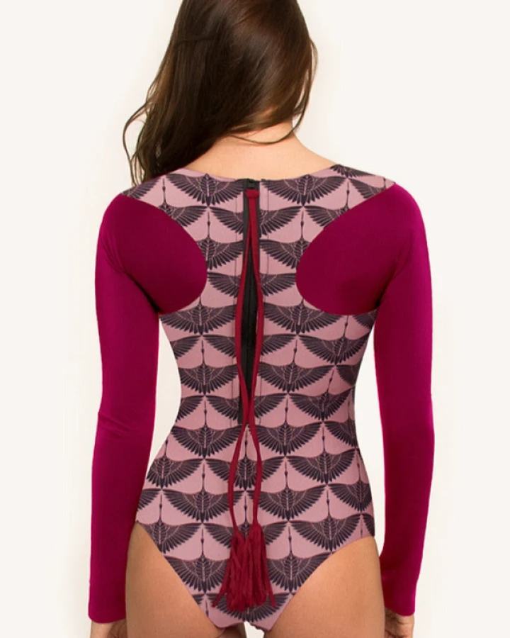 Woodlike Damen vegan Einteiliger Badeanzug Seagaze Print Dunkelrosa