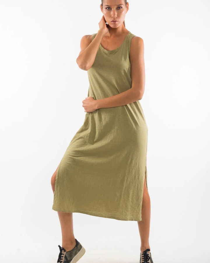 RAVENS VIEW IBIZA Damen vegan Kleid Ärmellos Uma Dunkel Aloe Grün