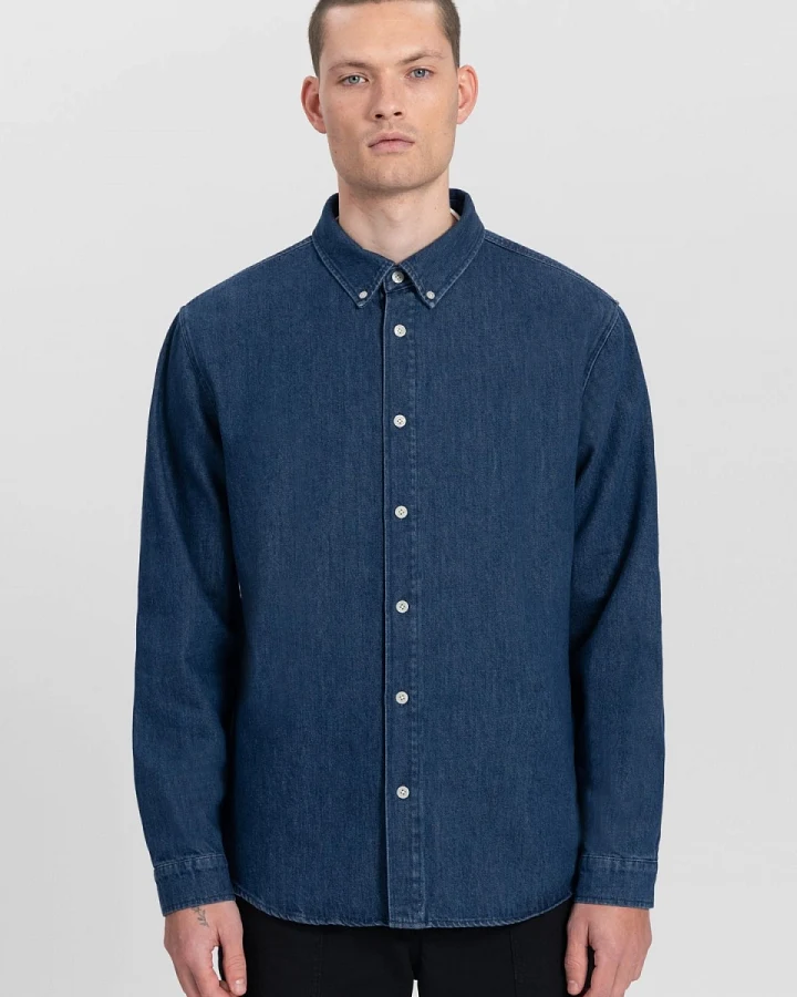 Kuyichi Herren vegan Denim-Hemd Sawyer Washed Indigo Blue