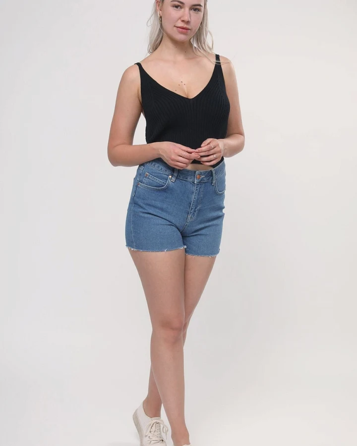 LOVJOI Damen vegan Denim Jeans Shorts Frittilary Blau