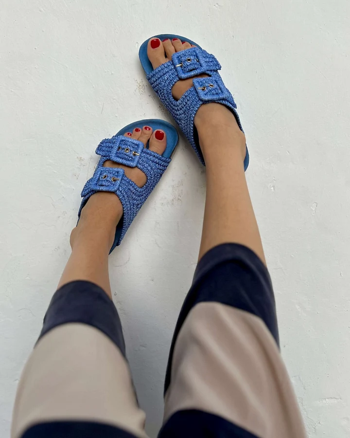 Momoc Damen vegan Sandalen Raffia Blau