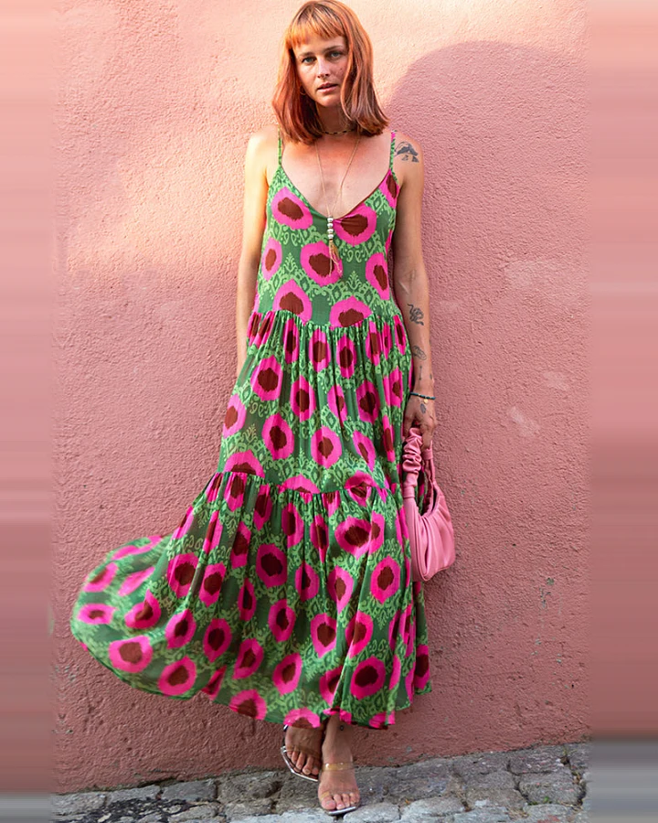 Poppy Field Damen vegan Maxikleid Dinas Rosa & Grün