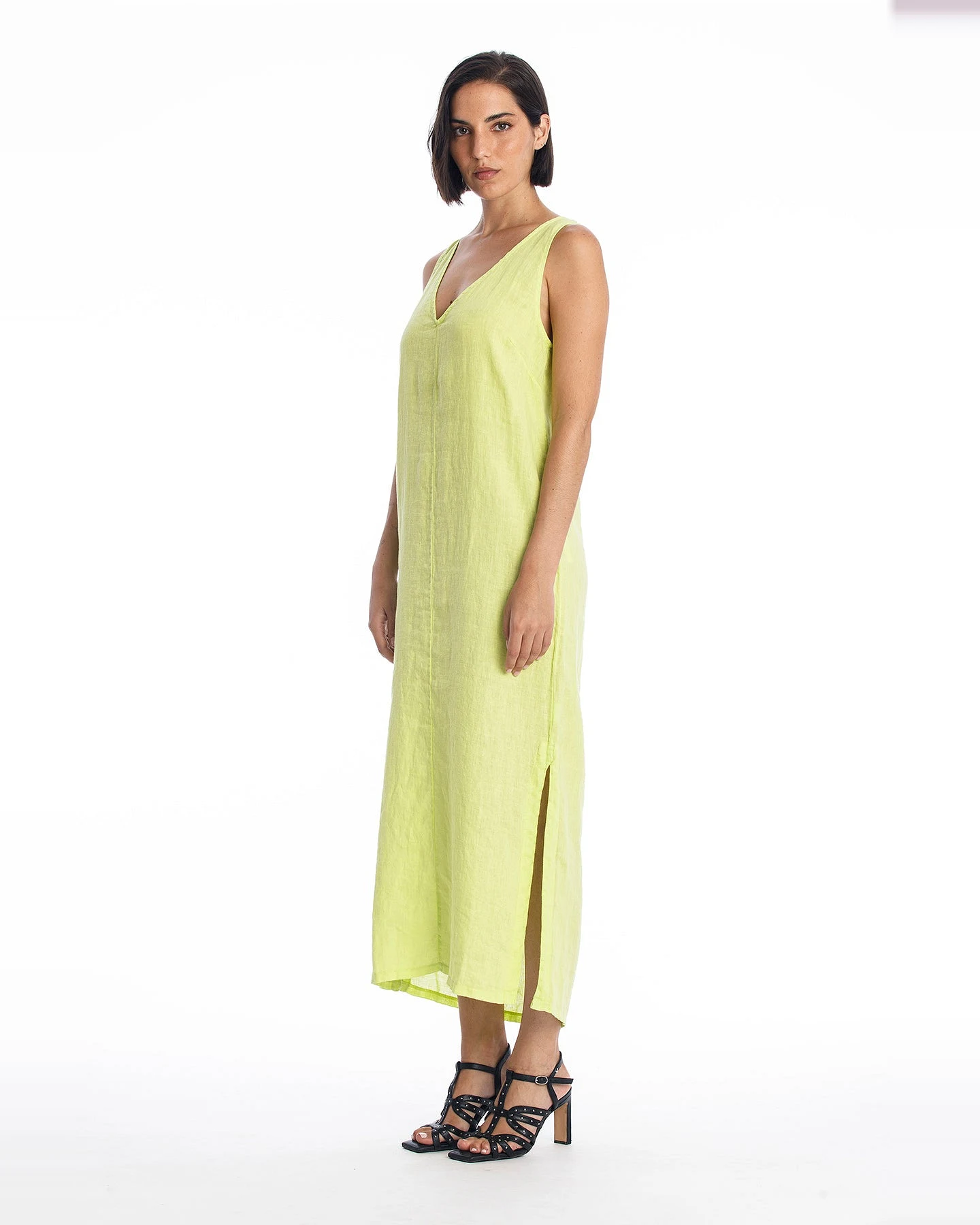 RAVENS VIEW IBIZA Damen vegan Leinenkleid Winona Kalkgelb – Ansicht 2