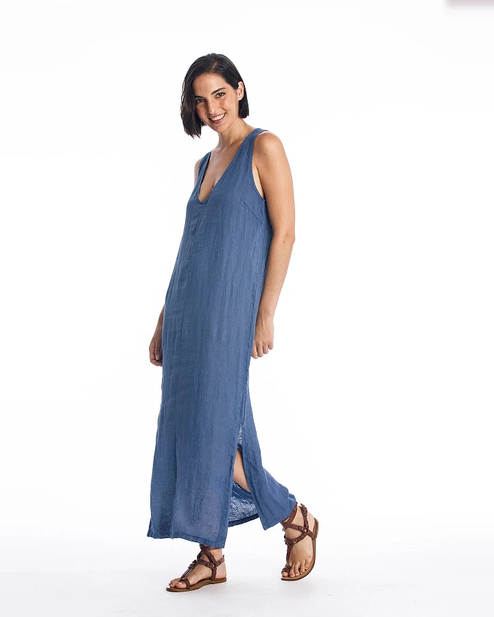 RAVENS VIEW IBIZA Damen vegan Leinenkleid Winona Indigoblau