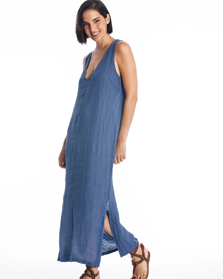 RAVENS VIEW IBIZA Damen vegan Leinenkleid Winona Indigoblau