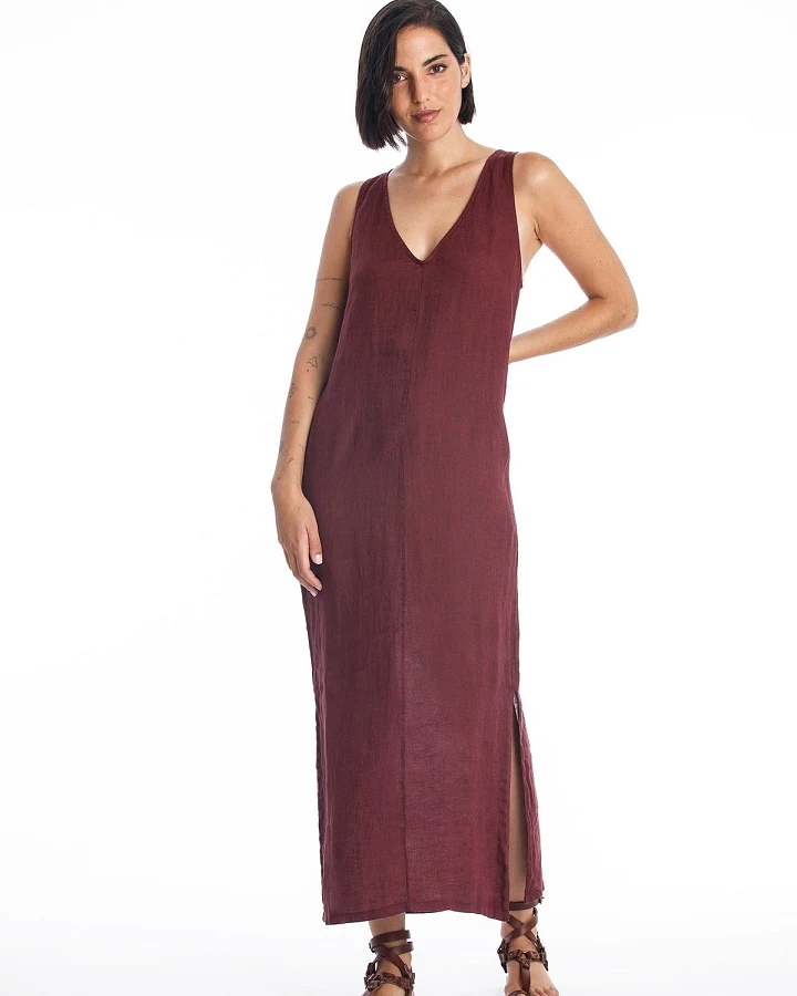 RAVENS VIEW IBIZA Damen vegan Leinenkleid Winona Dunkel Granat