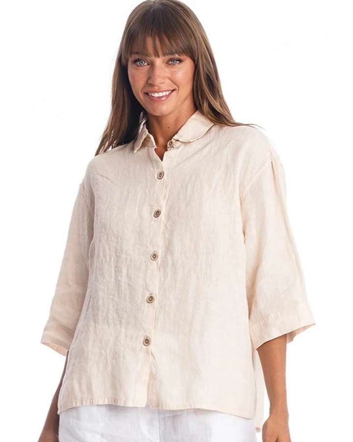 RAVENS VIEW IBIZA Damen vegan Leinenbluse Sommer Sand