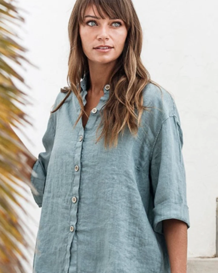 RAVENS VIEW IBIZA Damen vegan Leinenbluse Sommer Chinois Grün