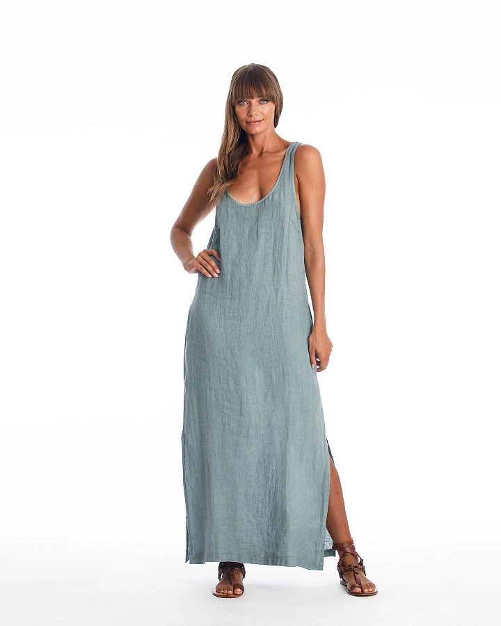 RAVENS VIEW IBIZA Damen vegan Leinenkleid Ariana Chinois Grün