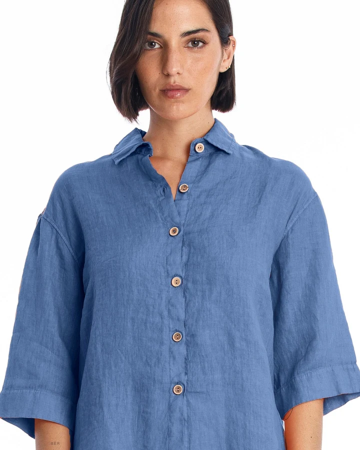 RAVENS VIEW IBIZA Damen vegan Bluse Sommer Indigoblau