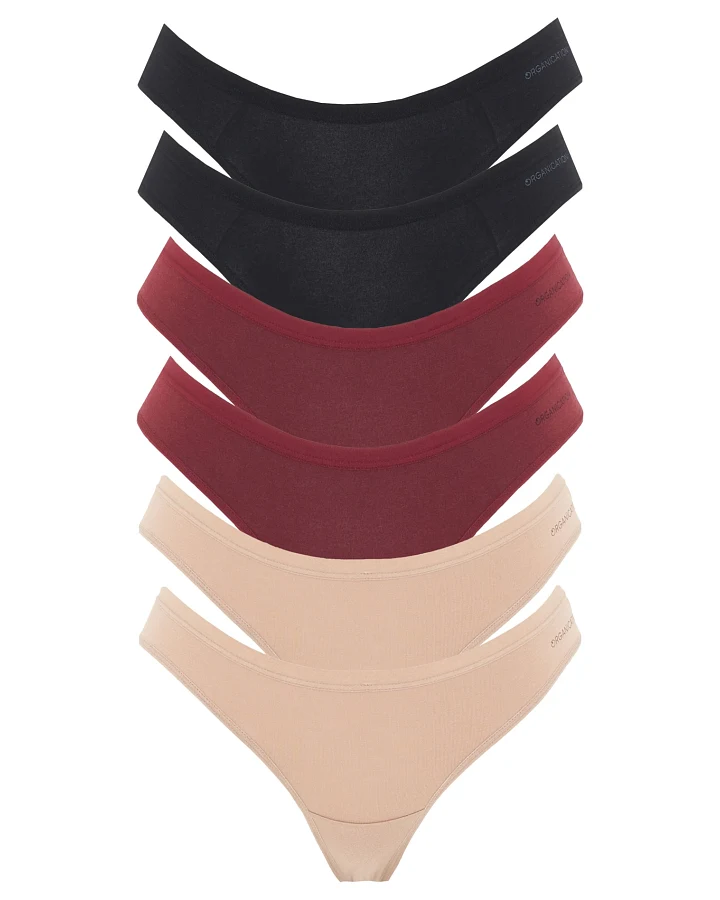 ORGANICATION Damen vegan Multipack 6er-Pack Tanga Kavinn Schwarz, Beige & Bordeaux