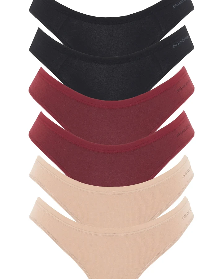 ORGANICATION Damen vegan Multipack 6er-Pack Tanga Kavinn Schwarz, Beige & Bordeaux