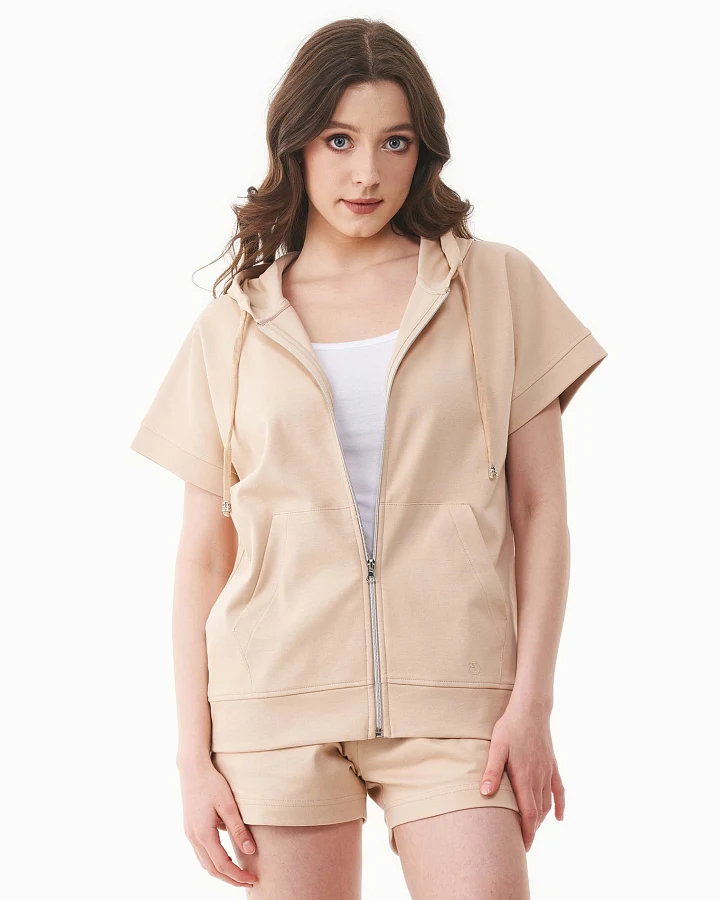 ORGANICATION Damen vegan Hoodie Full-Zip Short-Sleeved Lightweight Soft Beige