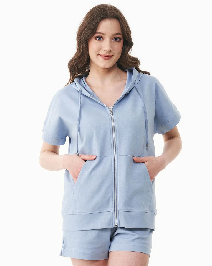 ORGANICATION Damen vegan Hoodie Full-Zip Short-Sleeved Lightweight Eisblau