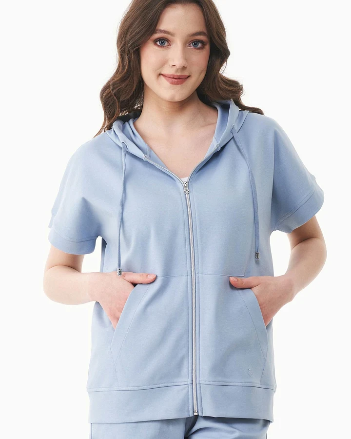 ORGANICATION Damen vegan Hoodie Full-Zip Short-Sleeved Lightweight Eisblau