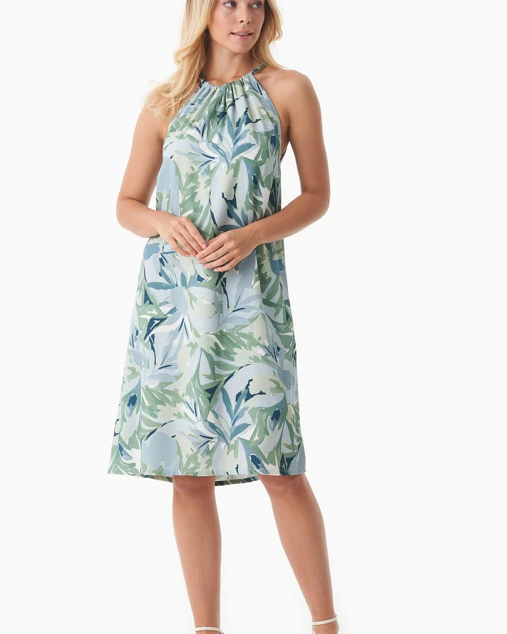 ORGANICATION Damen vegan Kleid Neckholder Mit Blattmuster Abstraktes Blatt