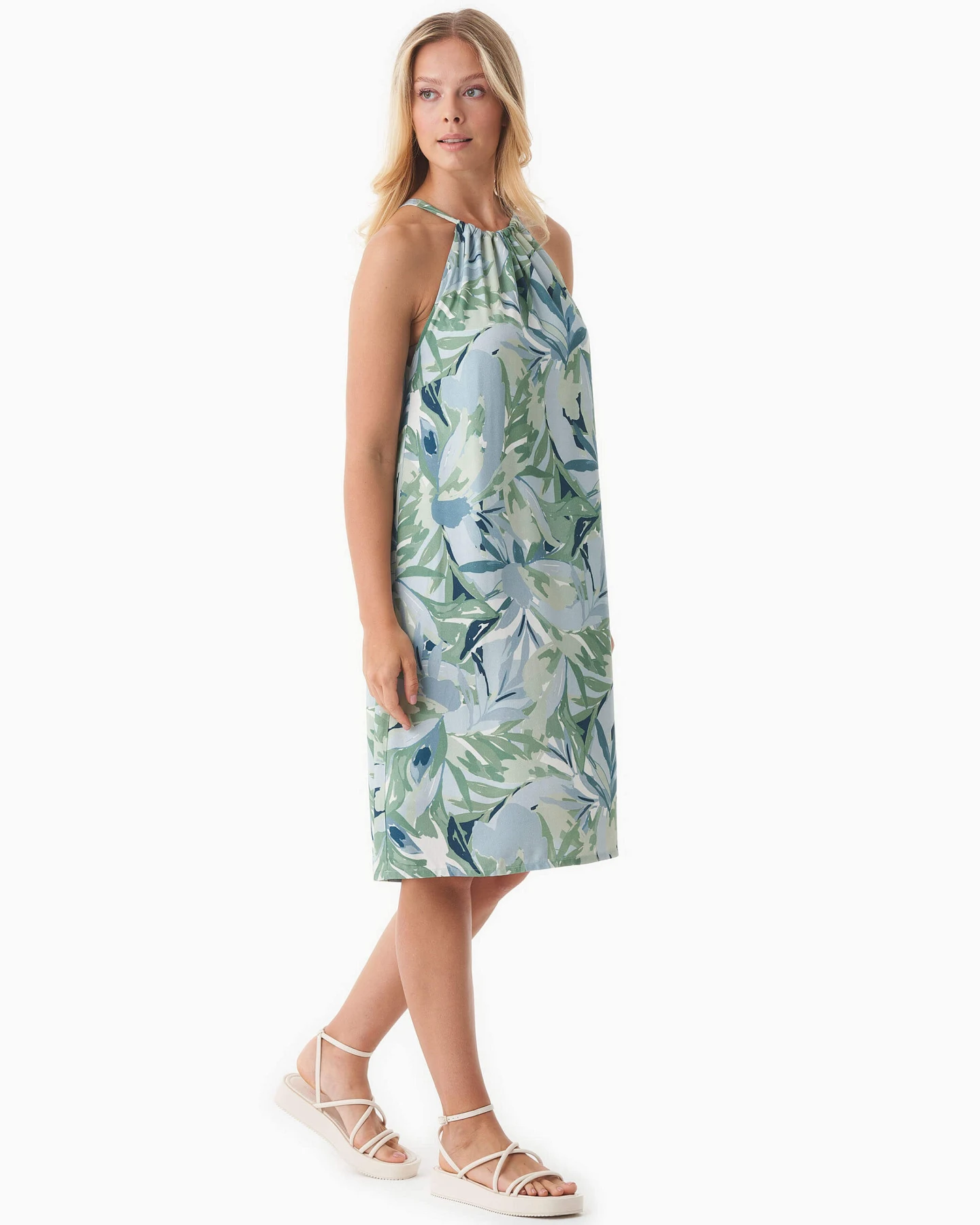 ORGANICATION Damen vegan Kleid Neckholder Mit Blattmuster Abstraktes Blatt – Ansicht 2