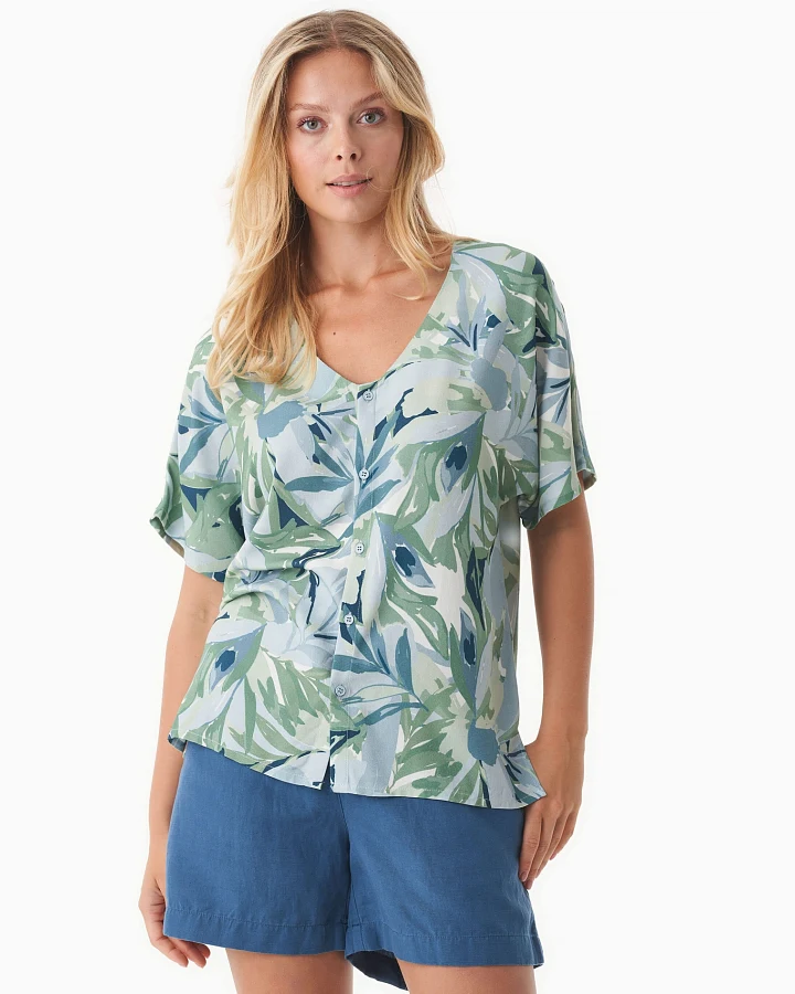 ORGANICATION Damen vegan Bluse Mit Blattmuster Abstraktes Blatt