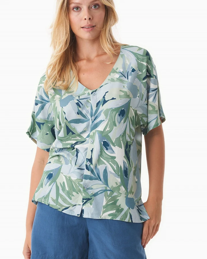 ORGANICATION Damen vegan Bluse Mit Blattmuster Abstraktes Blatt