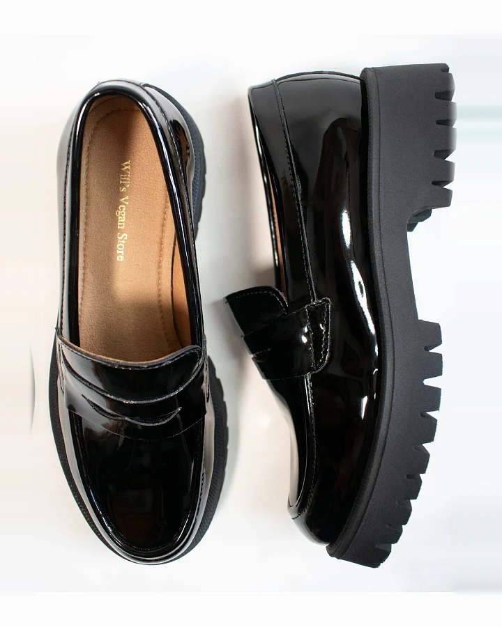 Will's Vegan Store Damen vegan Loafers Track Sole Penny Patent Schwarz