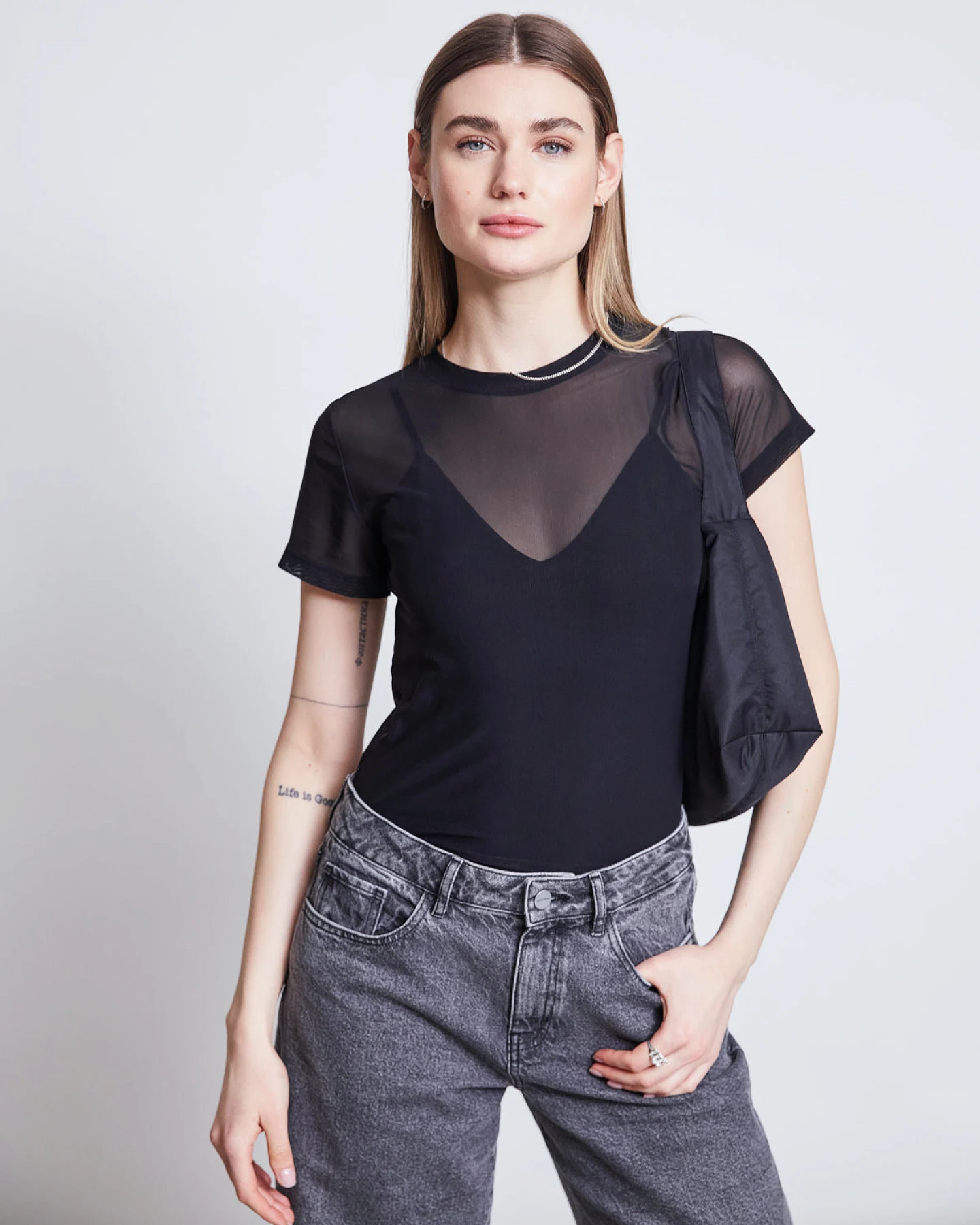 JAN 'N JUNE Damen vegan T-Shirt Mesh Evie Schwarz – Ansicht 2