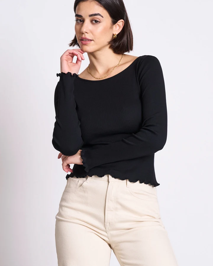 JAN 'N JUNE Damen vegan Top Minirib Longsleeve Aversa Schwarz