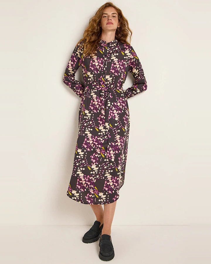 Lanius Damen vegan Midikleid Print Lila & Dunkelbraun