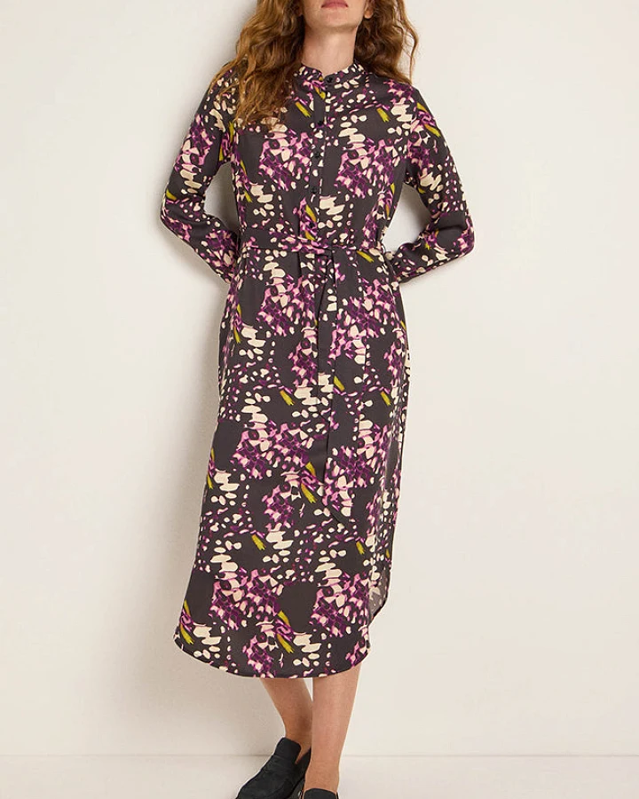 Lanius Damen vegan Midikleid Print Lila & Dunkelbraun
