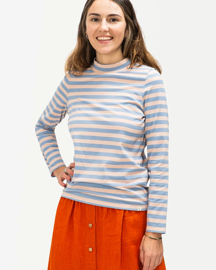MATONA Damen vegan Kragenloses Langarmshirt Rose Pink & Blau