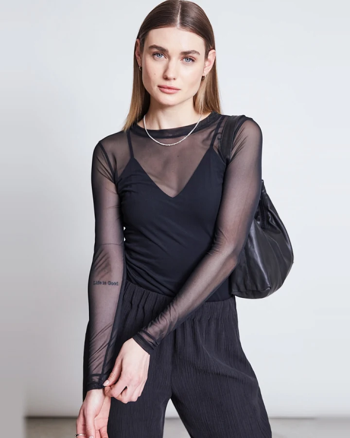 JAN 'N JUNE Damen vegan Longsleeve Mesh Dora Schwarz