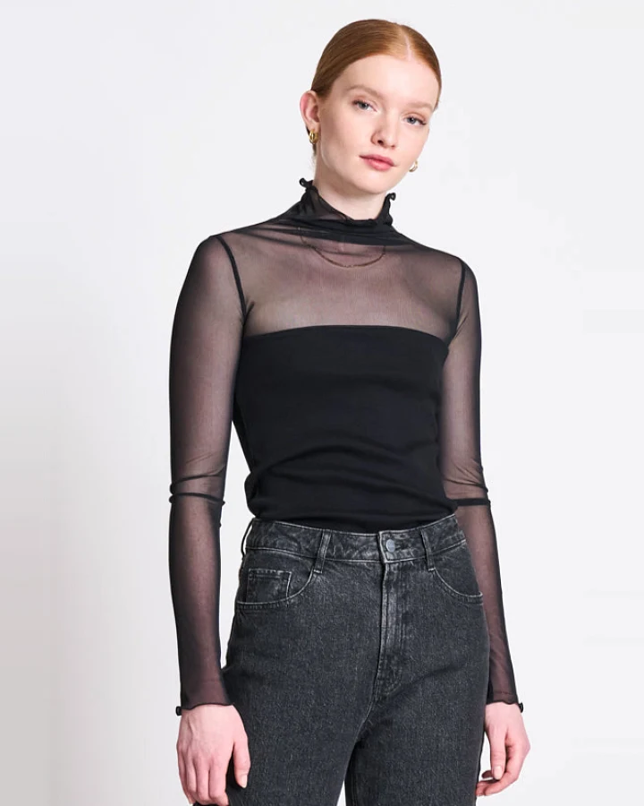 JAN 'N JUNE Damen vegan Rollkragenpullover Mesh Pluie Schwarz