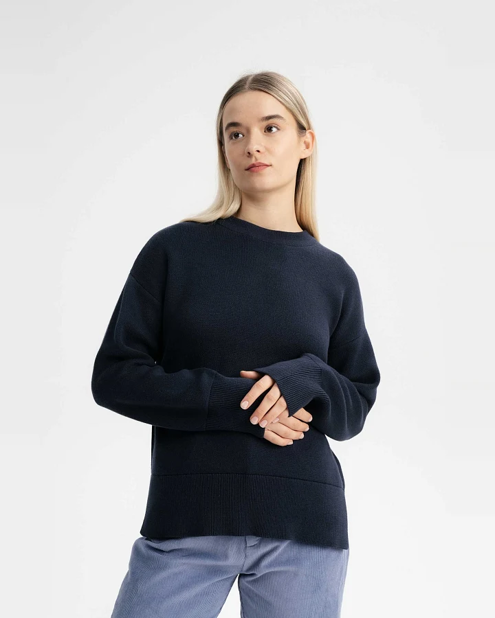 MELA Damen vegan Strickpullover Boxy Jacquard Faiza Marineblau