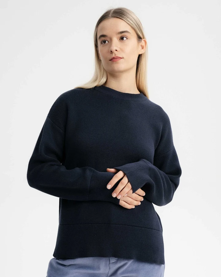 MELA Damen vegan Strickpullover Boxy Jacquard Faiza Marineblau