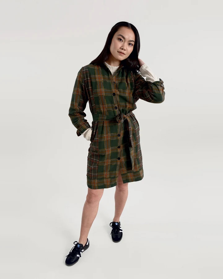 KOMODO Damen vegan Kleid Flanell Patchwork Rubinrot Grün