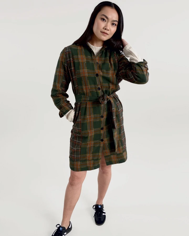 KOMODO Damen vegan Kleid Flanell Patchwork Rubinrot Grün