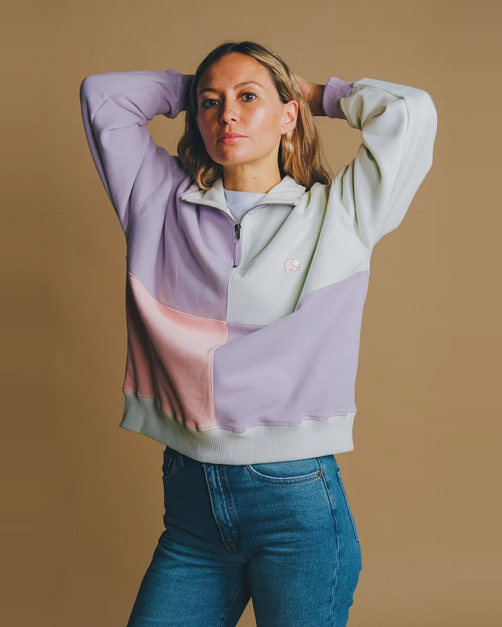 Trendsplant Damen vegan Pullover Oversized Color Block Half Zip Lavendel/Grün