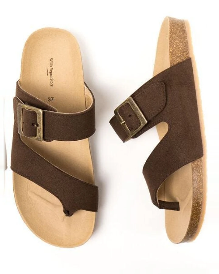Will's Vegan Shop Two Strap Toe Peg Sandals Dunkelbraun Veganes Wildleder Damen