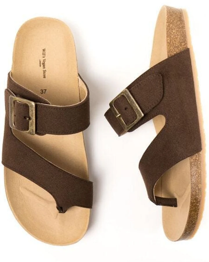 Will's Vegan Shop Two Strap Toe Peg Sandals Dunkelbraun Veganes Wildleder Damen