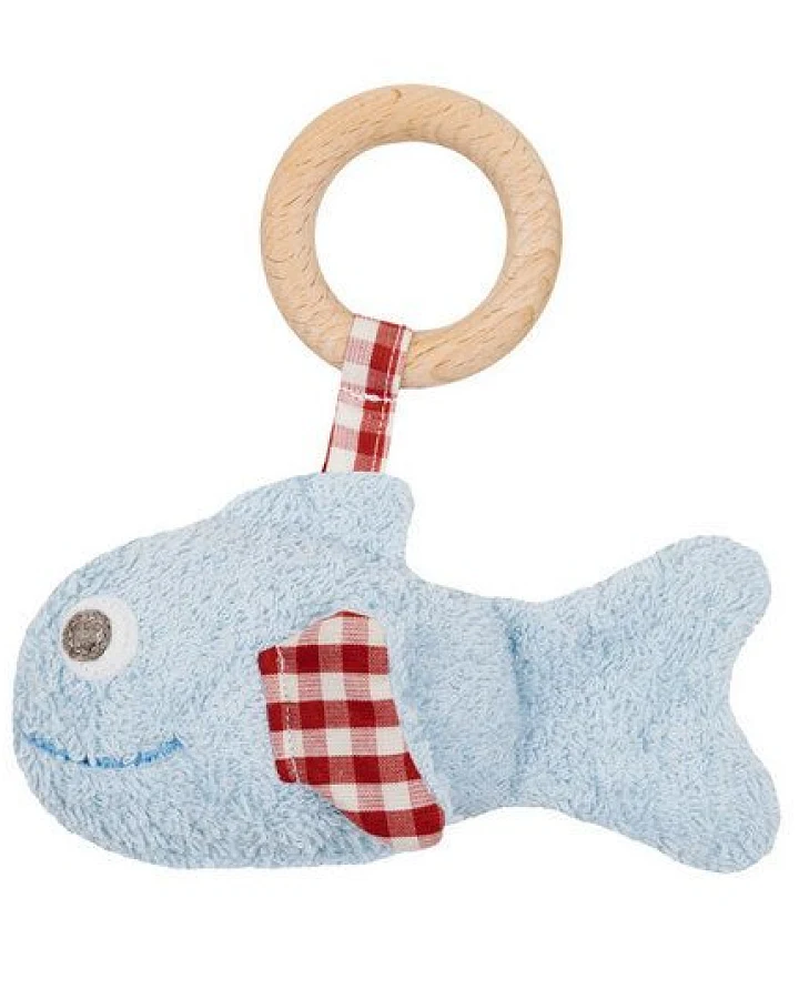 Efie Fisch blau, mit Rassel und Holzring, kbA (organic),
