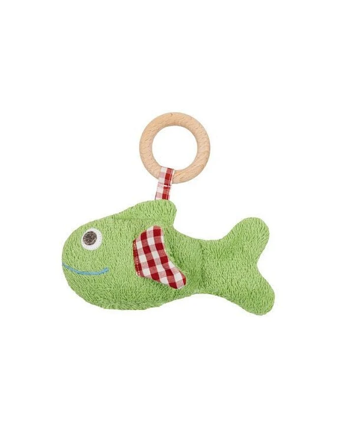 Efie Fisch grün, mit Rassel und Holzring, kbA (organic), Made in Germany