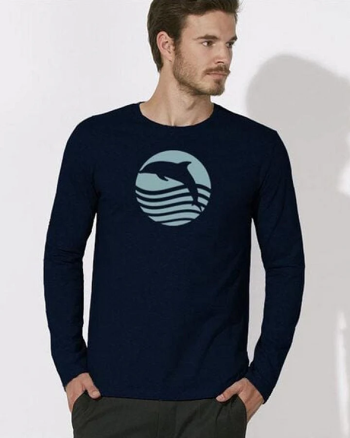 Picopoc Sonnenuntergang mit Delfin Langarm T-Shirt für Männer in navy blau