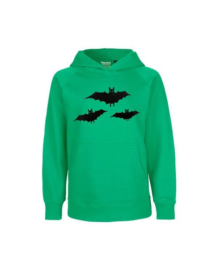 HANDGEDRUCKT "Fledermausschar" Kinder Hoody aus reiner Biobaumwolle (kbA)