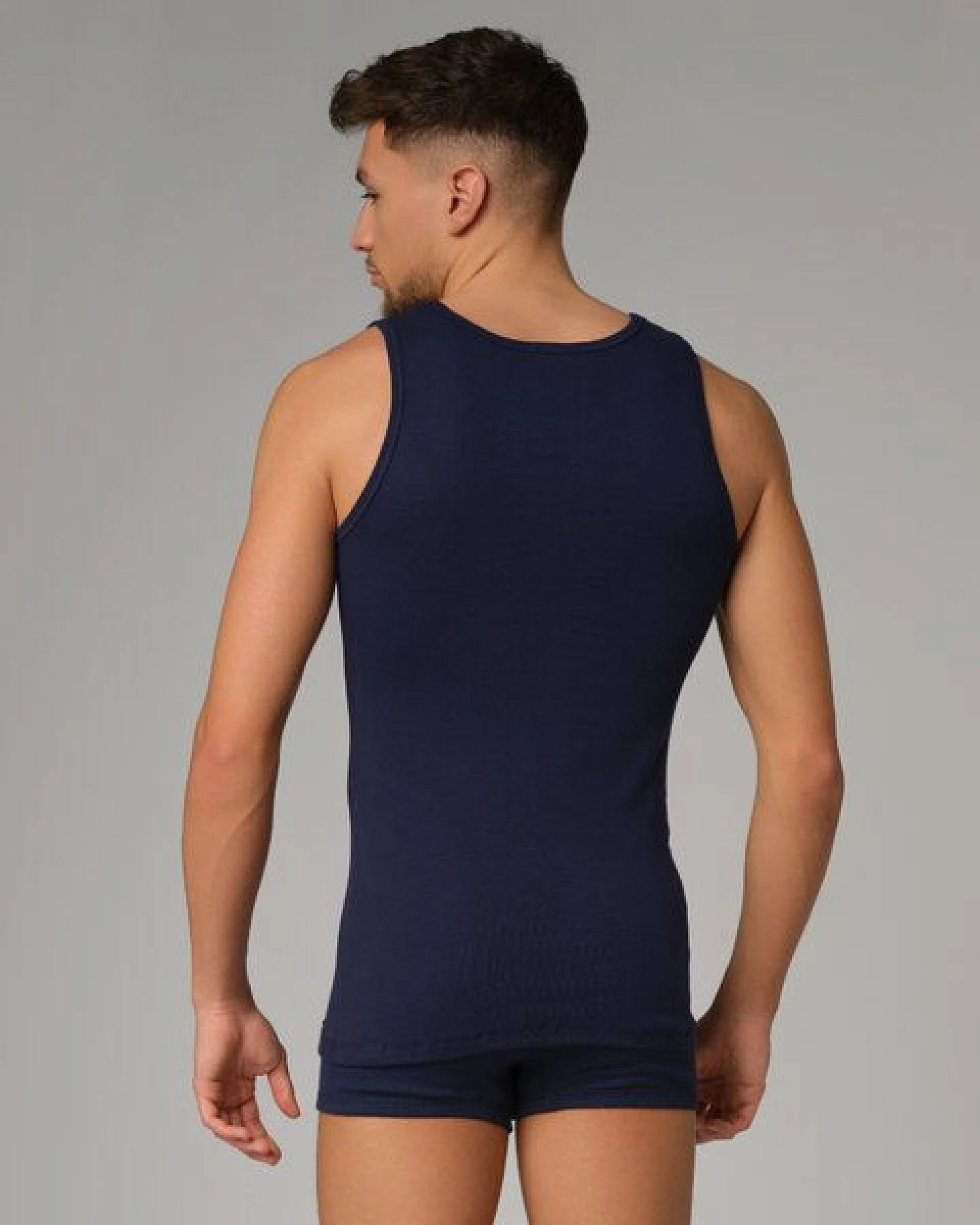 comazo|earth Fairtrade Shirt ohne Arm Feinripp, marine und bio-natur – Ansicht 2