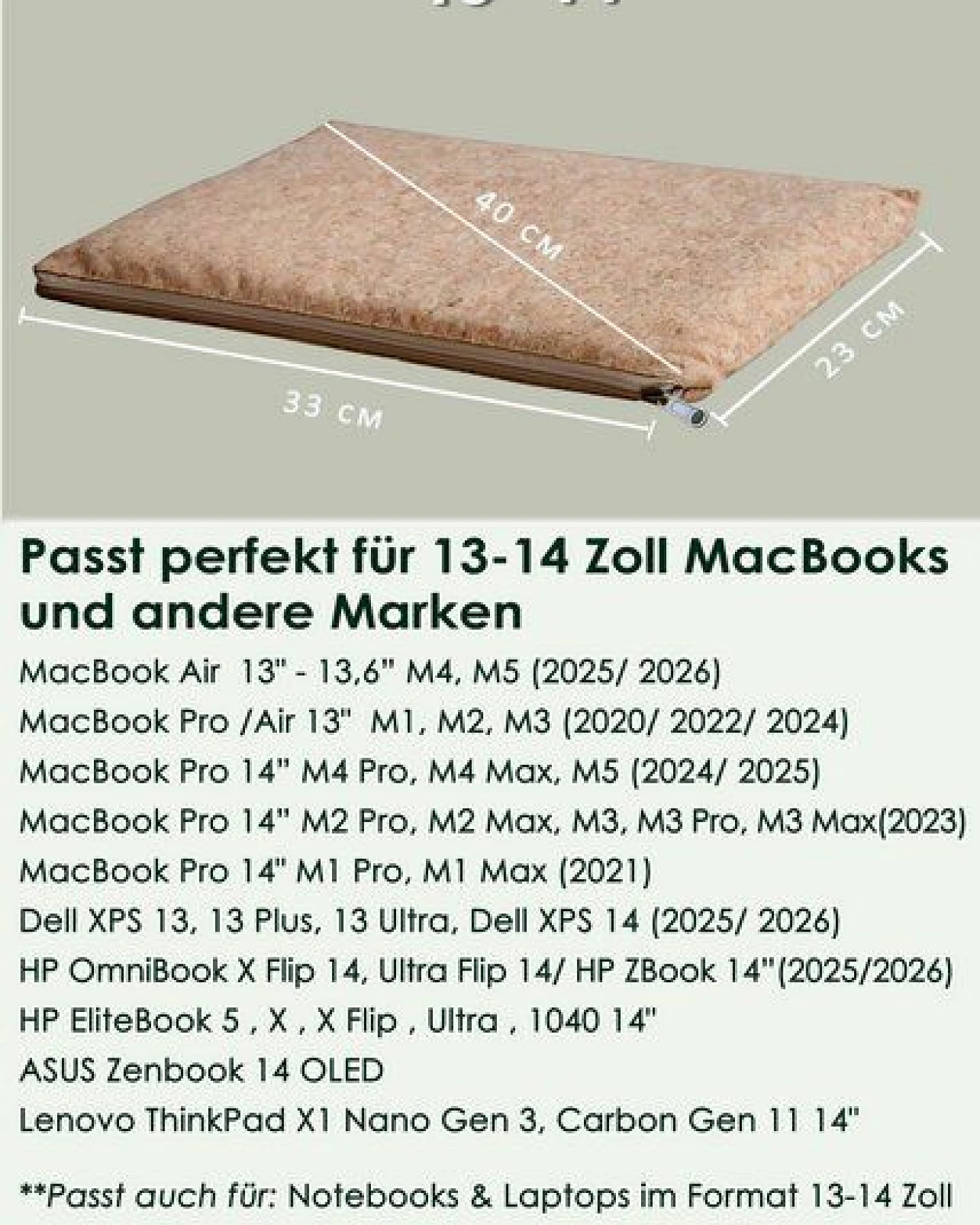 BY COPALA Gefütterte 13–14 Zoll Kork Laptoptasche – Nachhaltige vegane Hülle, wasserabweisende handgefertigte Tasche mit Zipper für MacBook Air / Pro & Notebooks - Natur – Ansicht 2