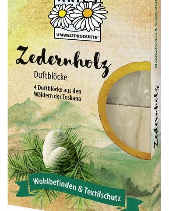 Produktseite: ARIES Duftblöcke Zedernholz (4er-Set) – Natürlicher Textilschutz